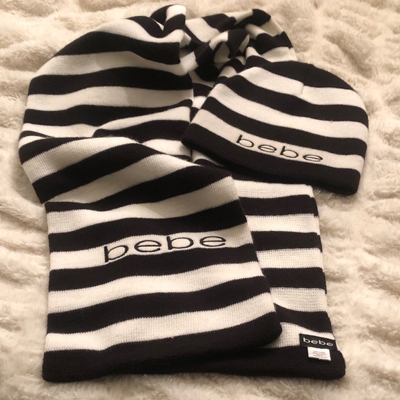 Bebe Striped Black and White Scarf & Beanie Set NWOT - Picture 2 of 3